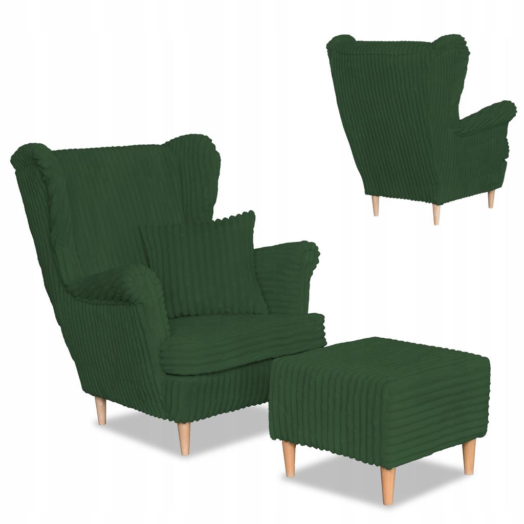 Fotel uszak Rene z podnóżkiem skandynawski Family Meble zielony sztruks