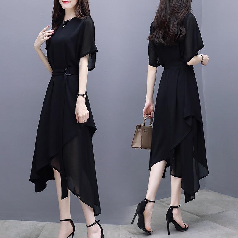 Summer Women's New Slim-fit Medium-length Dress Short-sleeved Irregular Temperament Socialite Black Chiffon Dress Women