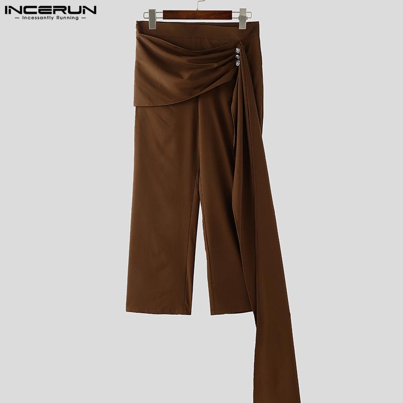 INCERUN Pánské jarní zapínací kalhoty s vysokým pasem, s obmotávacím páskem, patchworkové, ležérní, dlouhé