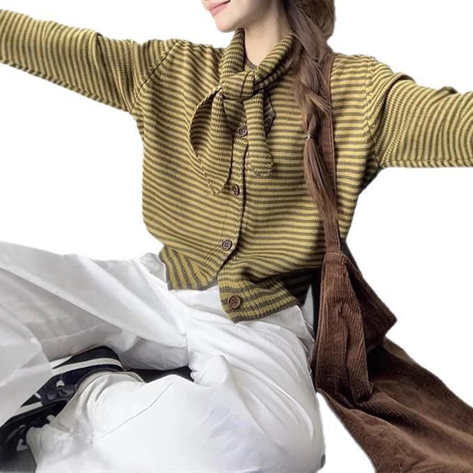 Design Sense Damen Gestreifte zum Binden Gestrickte Strickjacke - 2025 Herbst/Winter Kollektion.