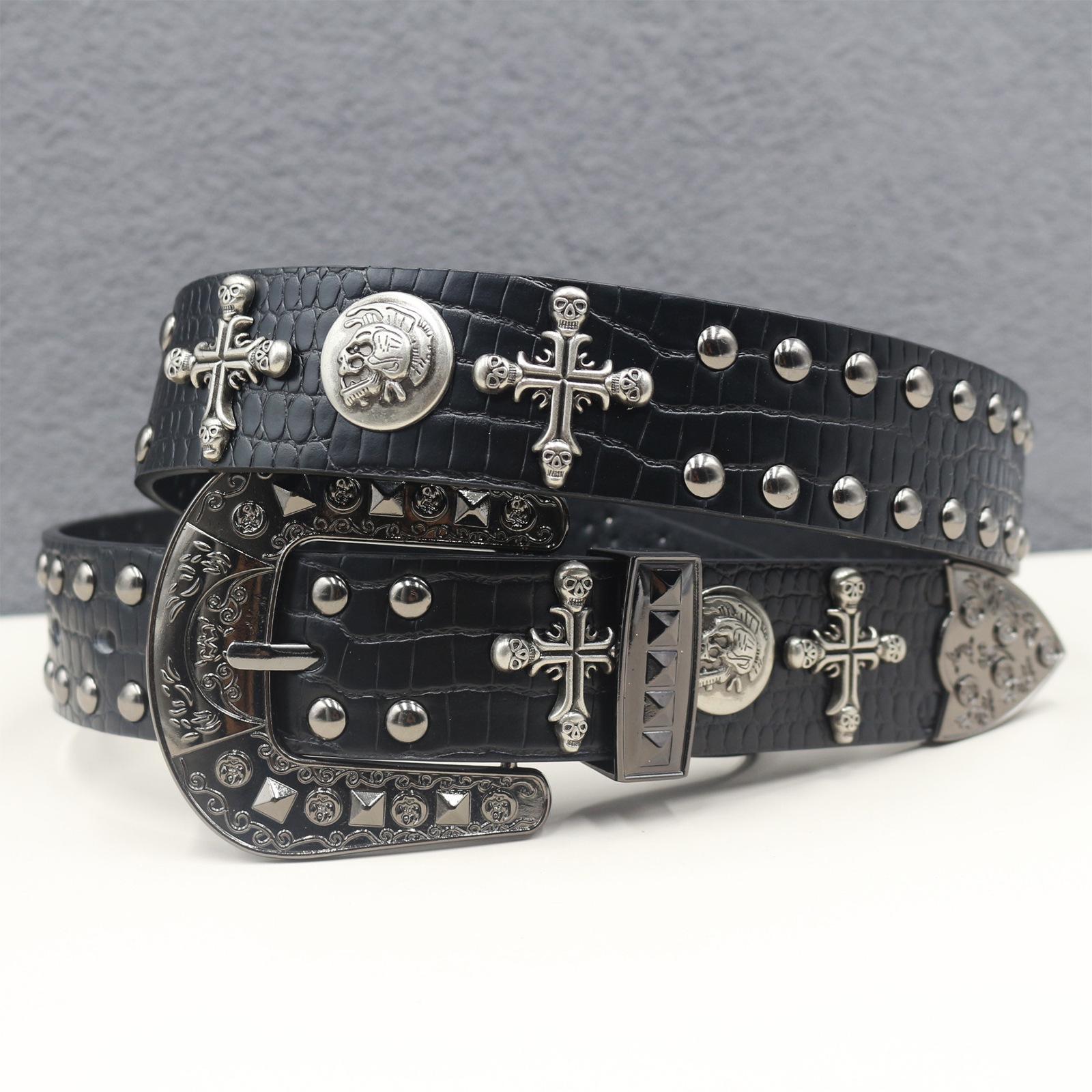 

Crocodile Pattern Skull Rivet Western Leather Belt - Unisex Punk Y2K Style 115 cm чёрный