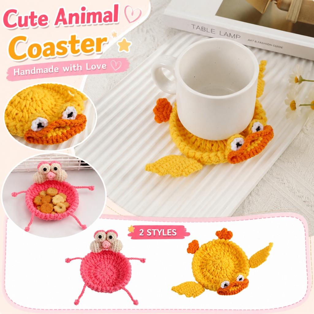 Handmade Crochet Cartoon Style Round Coaster with Four Extended Legs and Decorative Eyes and Nose Detail for Table Protection and Home Use