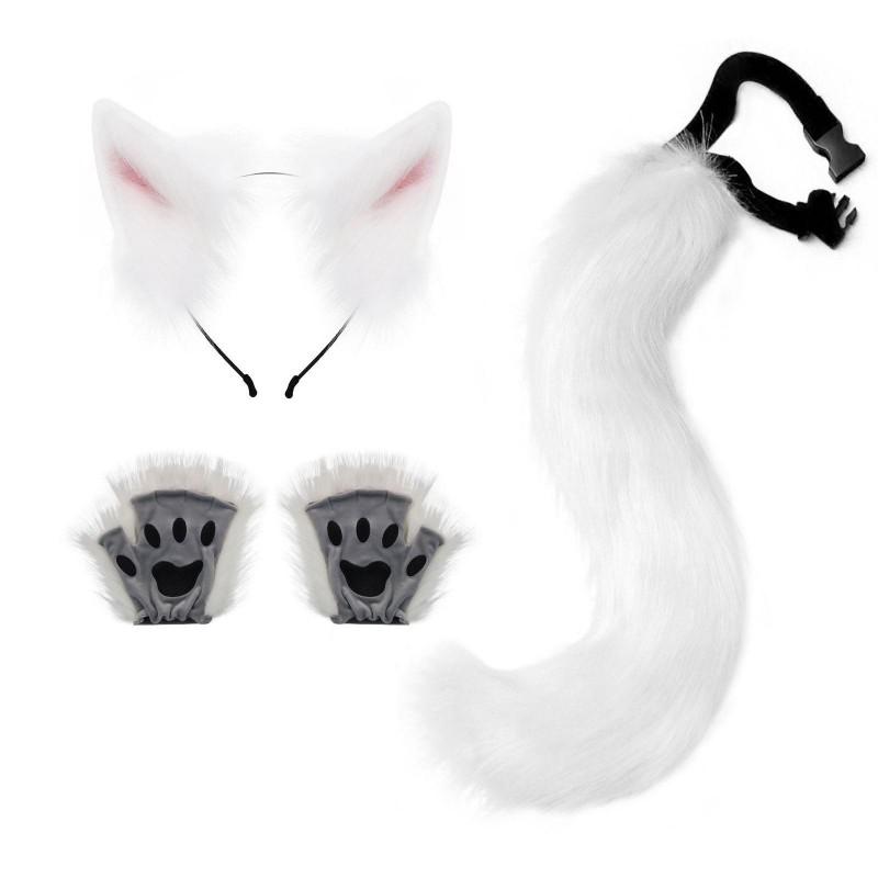 Fluffy Animal Ears Headband With Tail Gloves Set Halloween Party Cosplay Costume Accessory