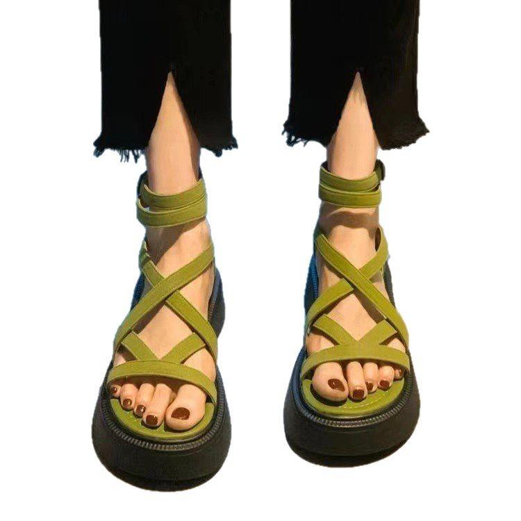 Fashion Thick-soled Muffin-soled Sandals Women's 2025 Summer New Versatile Hollow Cross-strap Rear Zipper Roman Boots