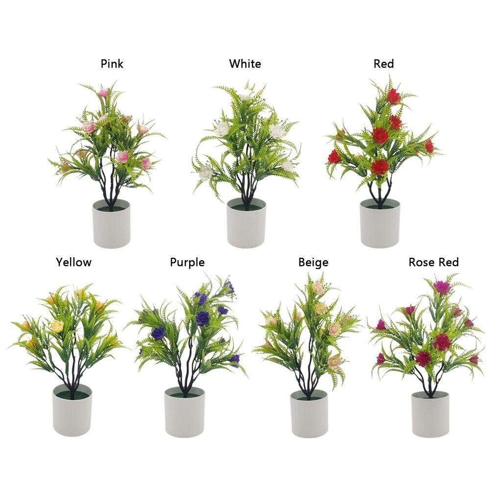 Multicolor Artificial Rose Flower Bonsai White Flowerpot Photo Props Desktop Ornament Green Grass Reusable