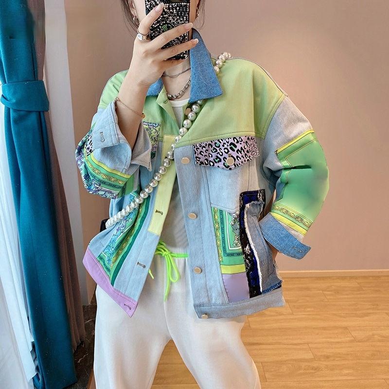 Autumn Woman Chic Denim Jacket Hit Color Print Patchwork Designer Jean Outerwear Lapel Collar Long Sleeve Loose Streetwear Style Cowboy Coat