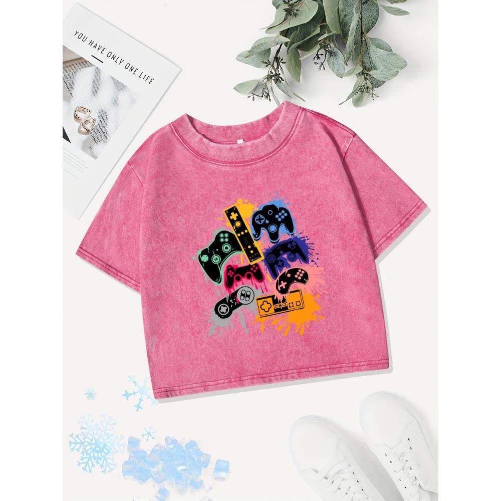 

Уличные хлопковые кроп-топы женские с принтами граффити игровой консоли, выстиранные футболки, сексуальные, обычного кроя, с круглым вырезом, одежда XL