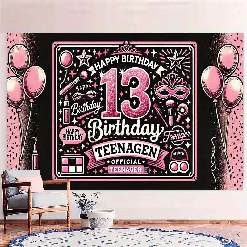2D Glitter Pink Cosmetic Theme 13 Teenager Birthday Photography Backdrop Banner
