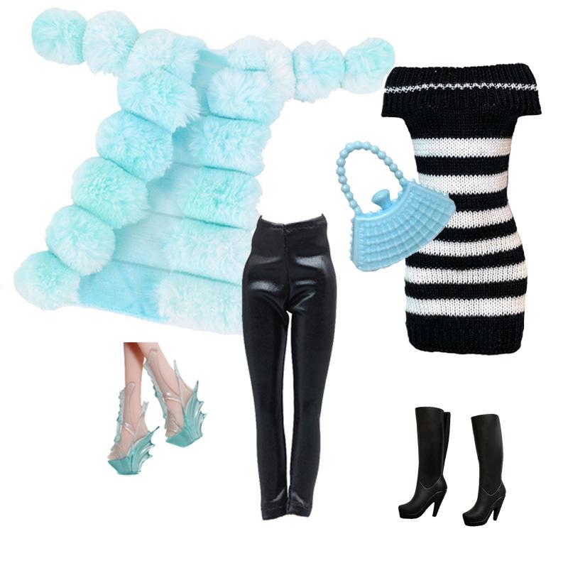 1/6 Doll Clothes Fashion Mix Blue Fur Coat Style for 12 inch Fashion Doll Outfits Set Handmade 30cm Doll Clothing Accessories