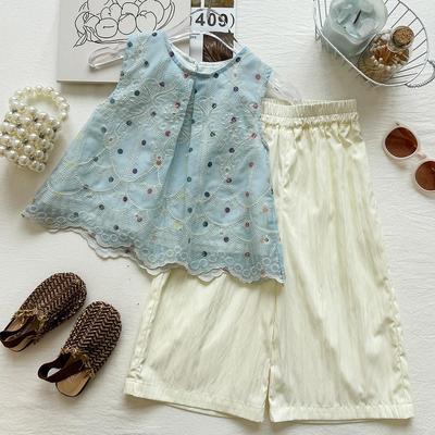Girls' Sleeveless Lace Tank & Dot Embroidered Wide-Leg Pants Set, Summer Trendy Two-Piece.