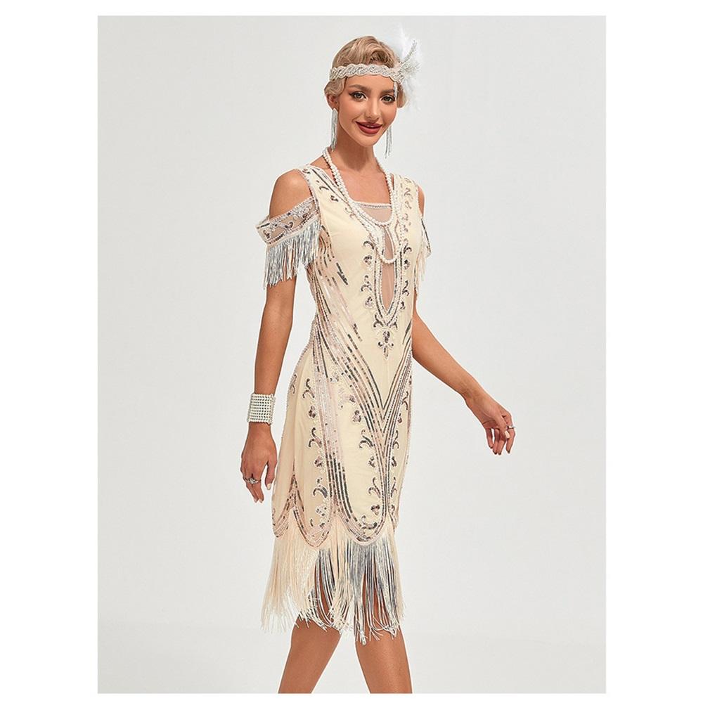 1920S Retro Dance Party Embroidered Tassel Dress Cocktail Party Plus Size Sequins Mesh Dress