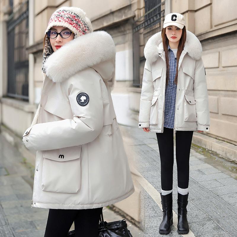 Pie Overcomes Women's Winter 2025 New Skinny Down Cotton Clothing Fashion Plush Thick Hair Collar Integrated Jacket