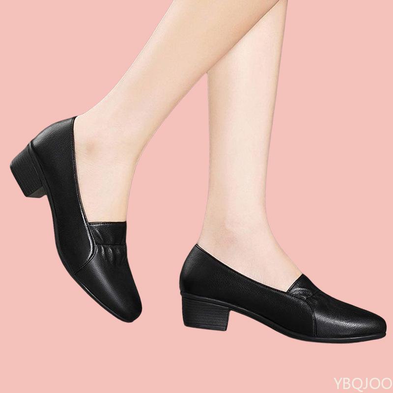 Mode Damen Bequeme Grobe Absatzschuhe Mode Weiches Leder Ballerinas Schwarz Spitz Arbeitsschuhe Lässige Elegante Damen Einzelne Schuhe