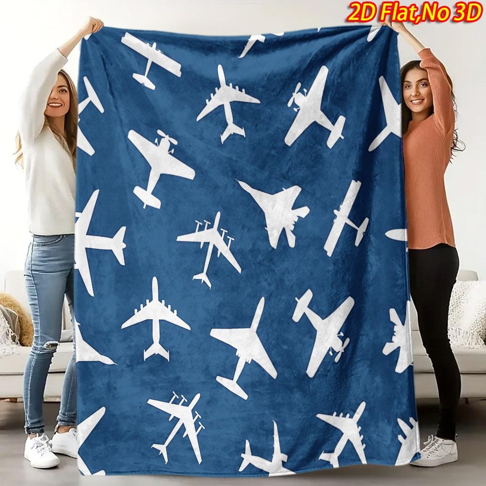 Dunkelblauer Hintergrund Gemischte Flugzeuge Weiße Silhouette Vollflächiger Druck Flauschige Decke, Warm Weich Sofa Luftfahrt Jungen Zuhause Geschenk