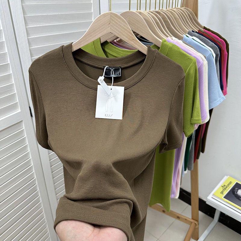 European Plus Size Ribbed Loose Short Sleeve T-shirt, Women's Green Base Layer Blouse
