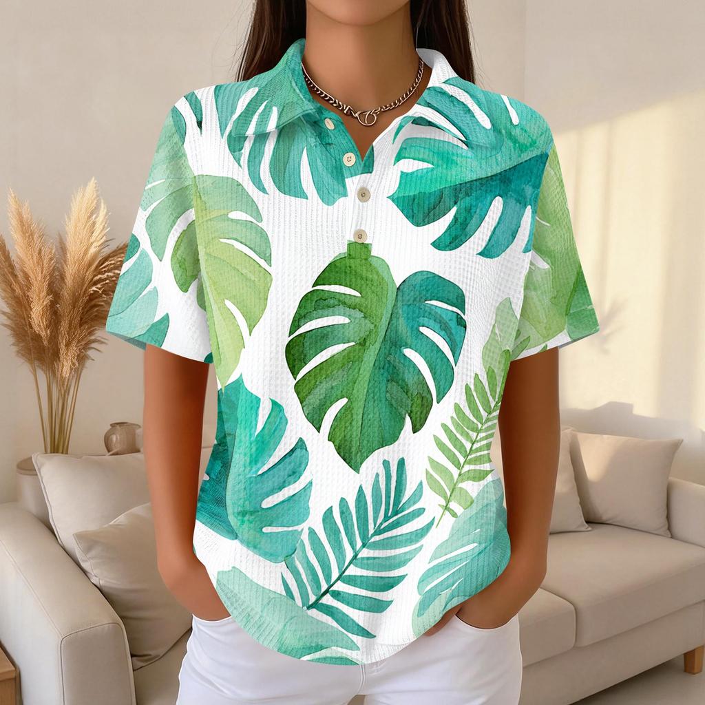 Damen Casual Kurzarm Hawaiian Print Waffelstrick Poloshirt Knopfleiste Tropisches Blumenmuster Sommer Oberteil