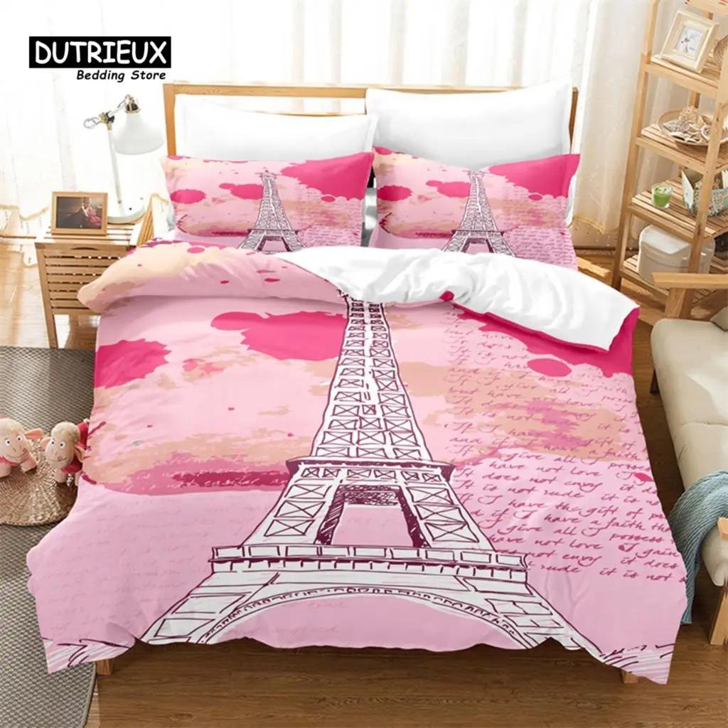 3pcs Duvet Cover Set, Eiffel Tower Bedding Set, Soft Comfortable Breathable Duvet Cover, For Bedroom Guest Room Decor