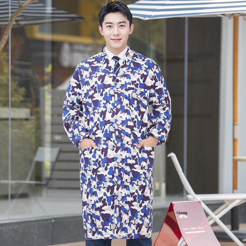 Unisex Long Blue Camouflage Dustproof Workwear Overcoat with Sleeves