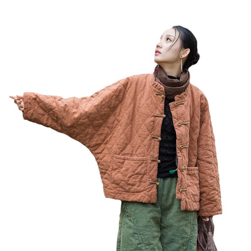 Women's Winter Ramie Quilted Diamond Pattern Cotton Coat with Frog Buttons - Bohemian Style