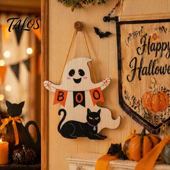 Spooky Party Decorations Black Cat Ghost Door Sign, Halloween Decorative Plaque, Wooden Hanging Plaque Vintage Rustic Decor with Jute Rope,