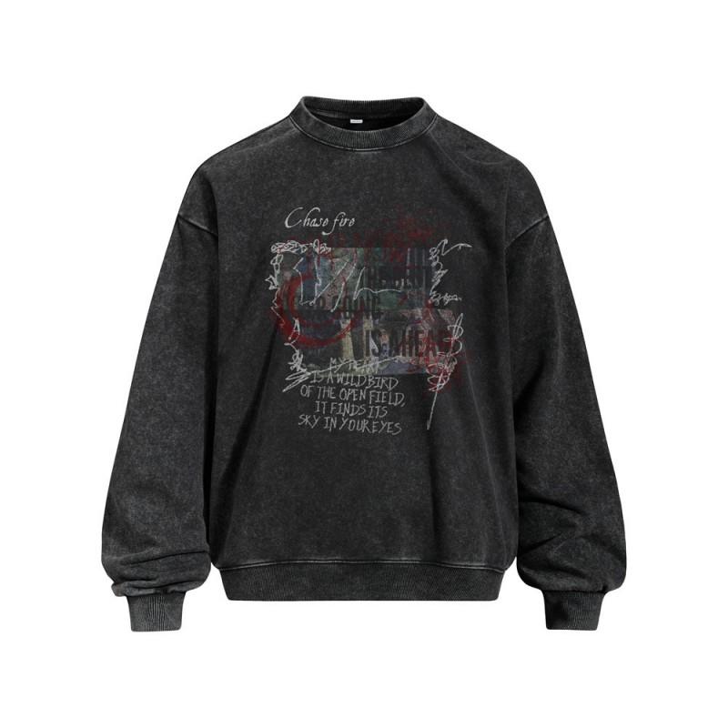 Mens Oversized Streetwear Hoodie Cotton Blend Graphic Print Washed Vintage Crewneck Sweatshirt Fall
