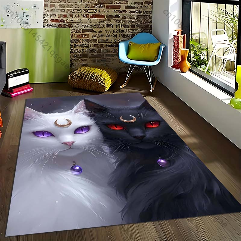Black Cat and White Cat Printed Carpet for Living Room Bedroom Bedside Bathroom Floor Mat Area Rug Sofa Mat Home Decor