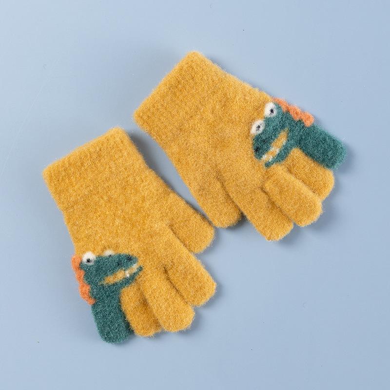 1 Par Luvas Quentes de Inverno Infantis Fofas de Desenho Animado Dinossauro Jardim de Infância Meninos Meninas Cinco Dedos Dino Luvas Tricotadas para 3 a 6 Anos