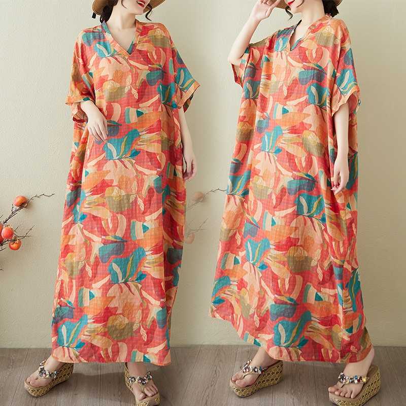 Women's Vintage Long Dress with Cotton and Linen Patterns