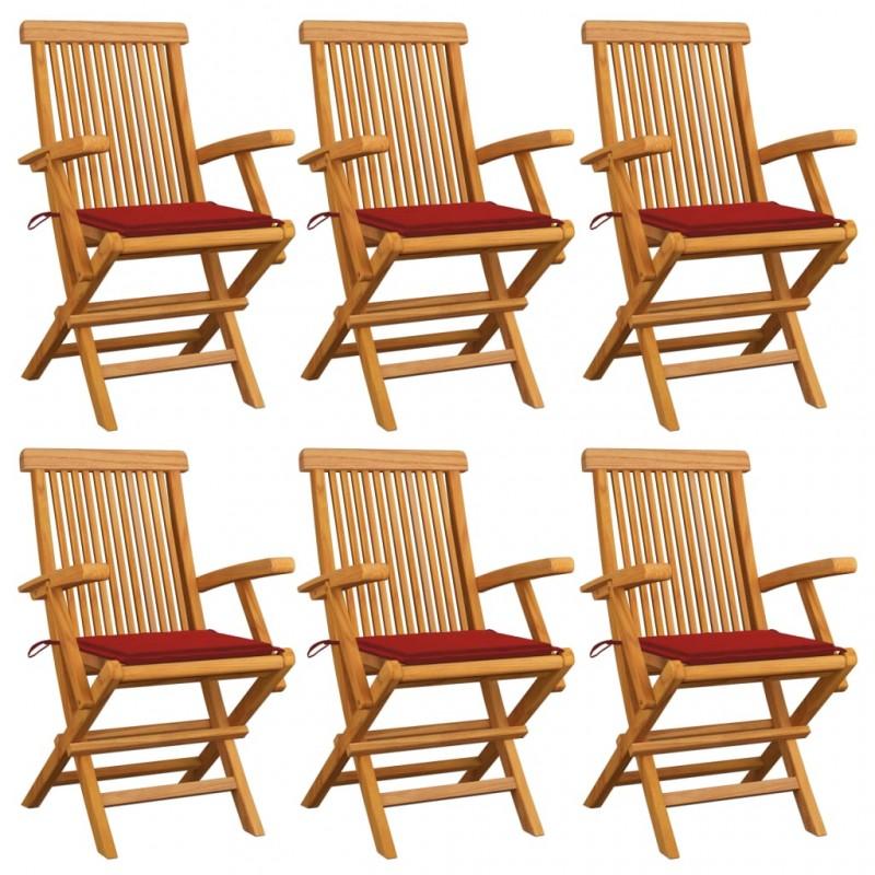 Día y Noche - Día y Noche Sillas de jardín 6 uds madera maciza de teca con cojines rojos