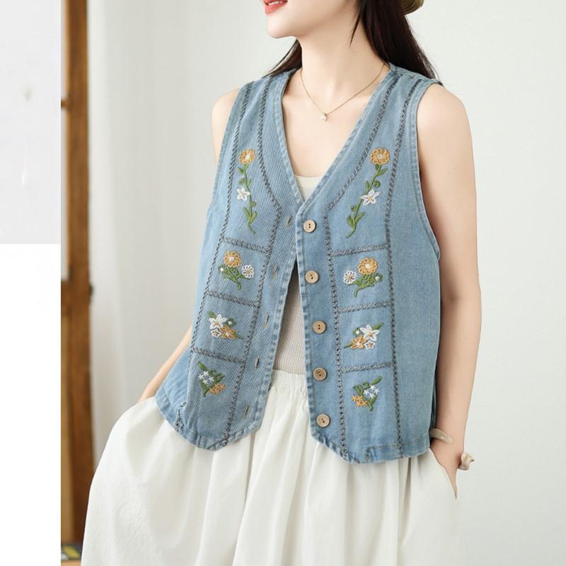 Sleevess plus size vintage embroidery floral denim vest jaket causal loose spring summer autumn women's jackets and vests