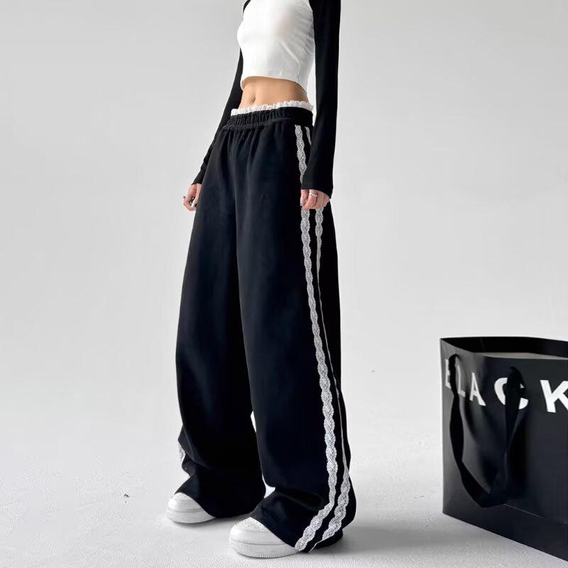 

Lace Patchwork Wide-Leg High-Waisted Tie-Up Sporty Pants - Women s Casual Spring/Summer American Style Sweatpants S чорний