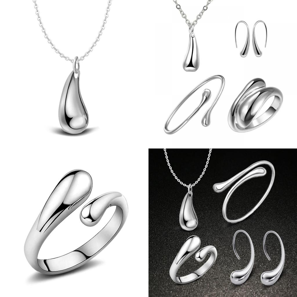 Beautiful Silver Plated Water Drop Jewelry Ensemble Includes Bracelet Necklace Earrings And Ring