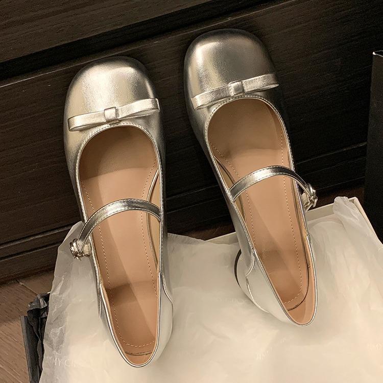 Sheepskin French Bow Leather Shoes Light Mouth Mary Jane Shoes Women's Round Head Silver Thick Heel Single Shoes Jk Small Leather Shoes