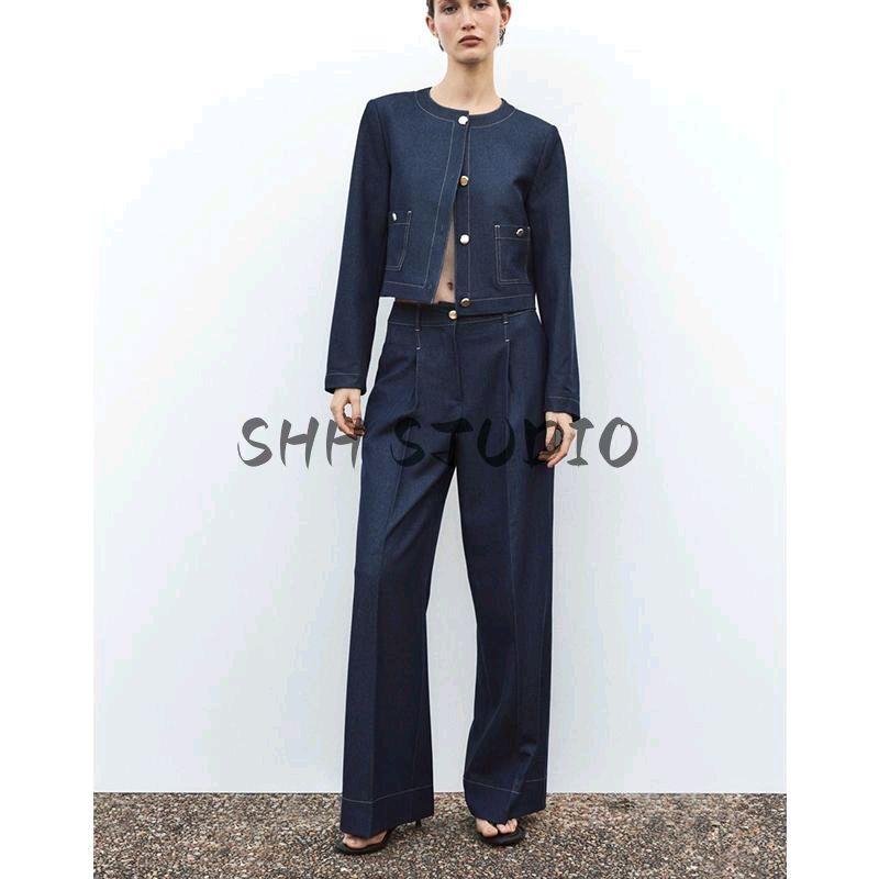 Spring New Women's Clothing High Waist Wide-Leg Pants 1478692 Contrast Color Seized String Decoration Short Coat 1478792