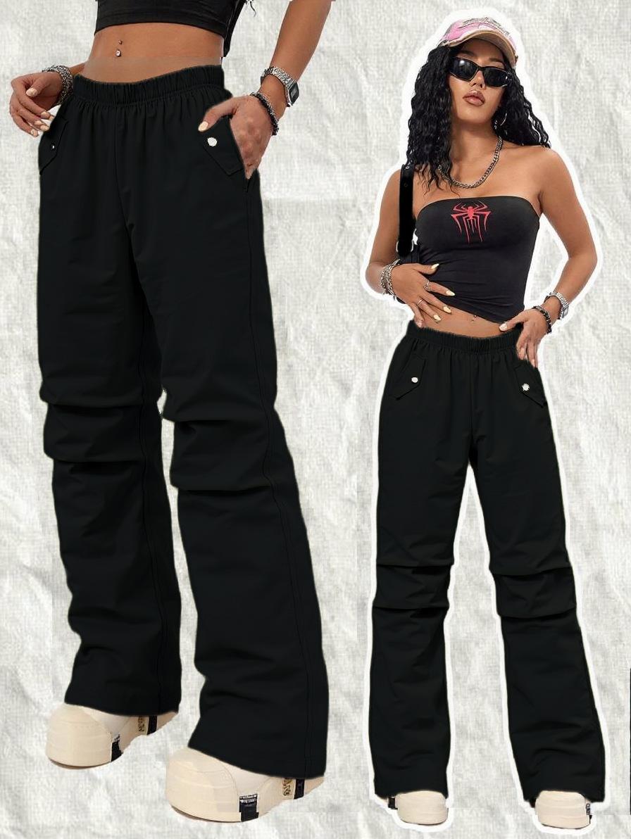 Women s Mid Rise Straight Cargo Pants Loose Fit Streetwear Elastic Waist Pleated Outdoor Casual Trousers S чёрный
