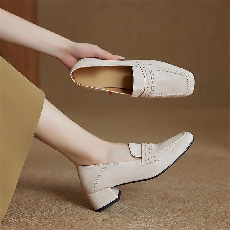 Fashion New Spring/autumn Genuine Leather Women Shoes Square Toe Shoes for Women Fashion Rivet Loafers Shoes Mid Heels Women Pumps