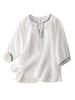 White Embroidery Three Quarter Sleeve V-Neck Pullover Loose Women's Blouse Shirt Casual Linen Female Clothing Tops Fashion