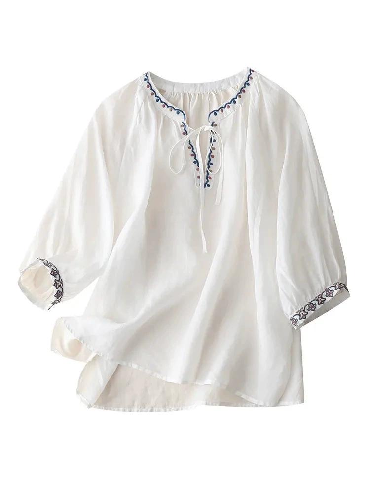 White Embroidery Three Quarter Sleeve V-Neck Pullover Loose Women's Blouse Shirt Casual Linen Female Clothing Tops Fashion