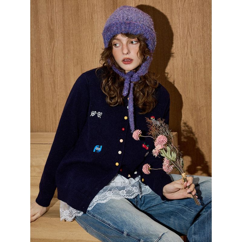 Coolhut2025 Autumn and Winter New Versatile Round Neck Cartoon Letter Embroidered Knitwear Women's Sweater Navy Blue