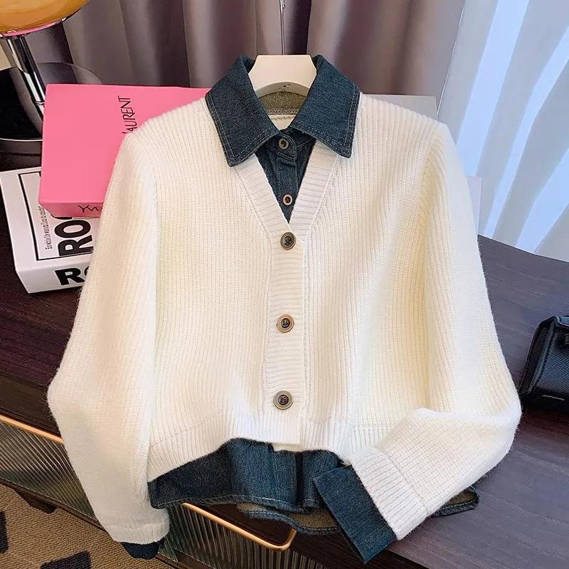 

Весна Осень Ретро Вязаный Кардиган Свитер Женский Модный Комбинированный Джинсовый Короткий Пиджак Женские Повседневные Топы S