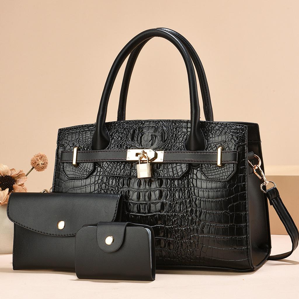 Women's bag three-piece set, mother and child bag, classic handbag, crocodile pattern lock, shoulder bag.