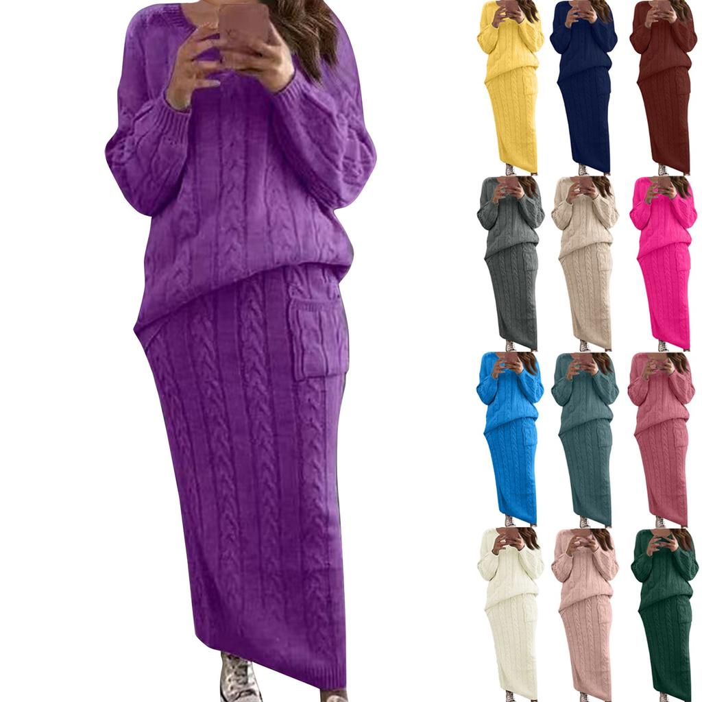 Women Autumn Winter Twist Crop Sweater Hip Skirt Knit Set for Laides Solid Color Slim All Match Two Piece Set