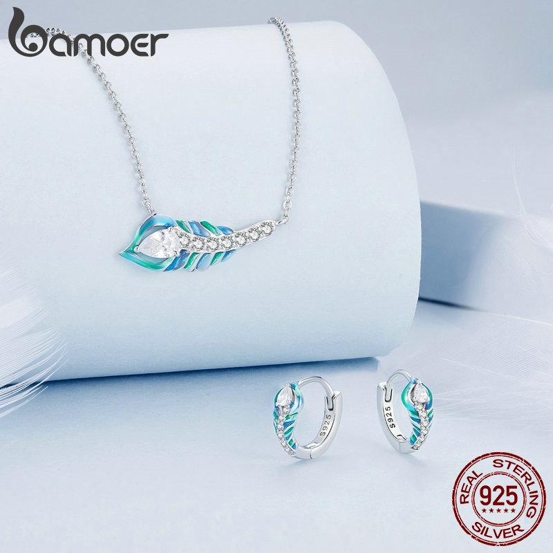 

BAMOER, стерлинговое серебро 925 пробы, сверкающий циркон, синяя эмаль, подвеска в виде пера павлина, цепочка, ожерелье, комплект ювелирных изделий для женщин 925 silver
