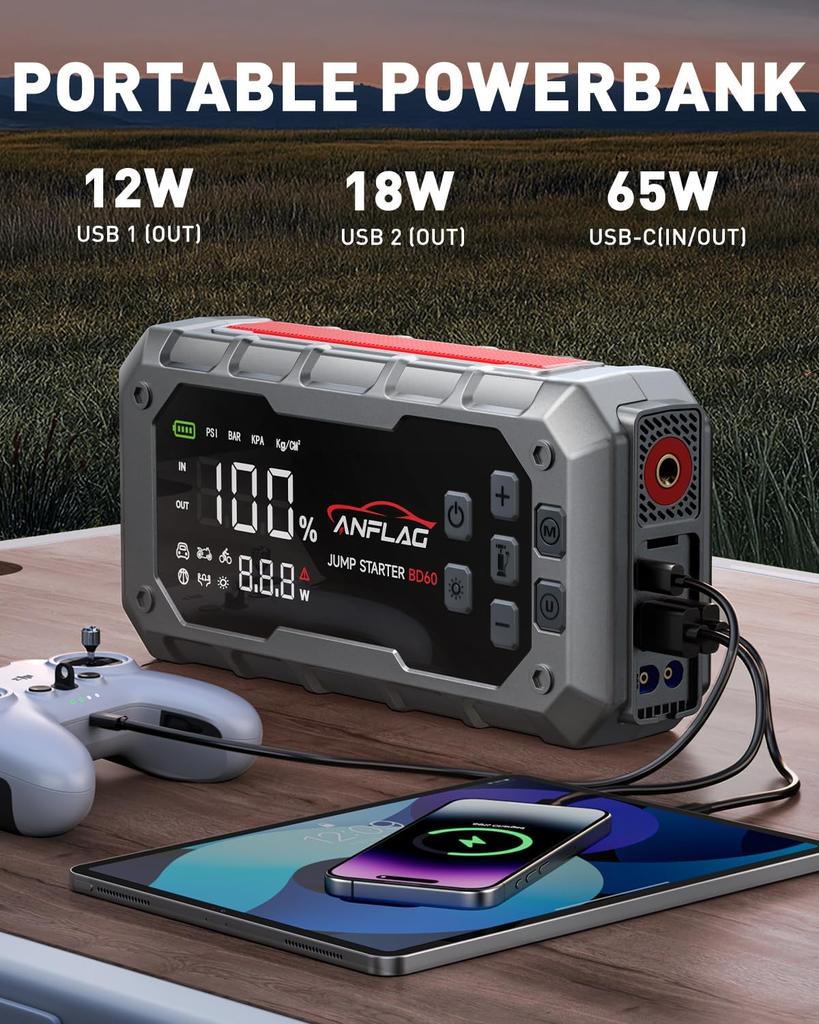 10-in-1 Car Jump Starter with Air Compressor, 8000A, 160PSI, PD65W, Portable Jump Box for Gas/14L Diesel