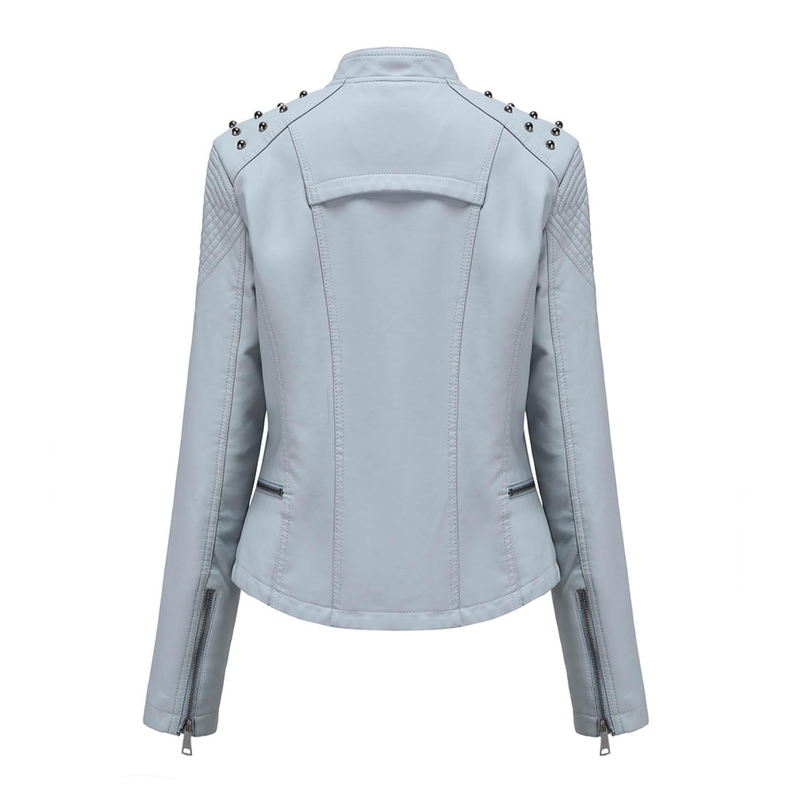 Женский тонкий кожаный панк-отворот на молнии мотоциклетный костюм сшитая куртка XL белый — фото 7