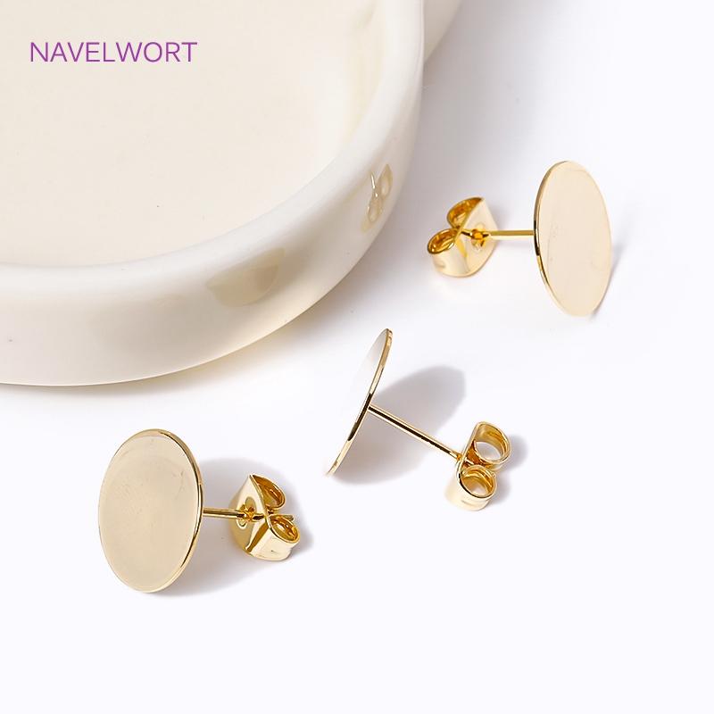 18K Gold Plated Brass Metal Blank Post Earring Studs Base Pins Ear Post with 8/10/12MM Pad DIY Earring Jewelry Making Supplies