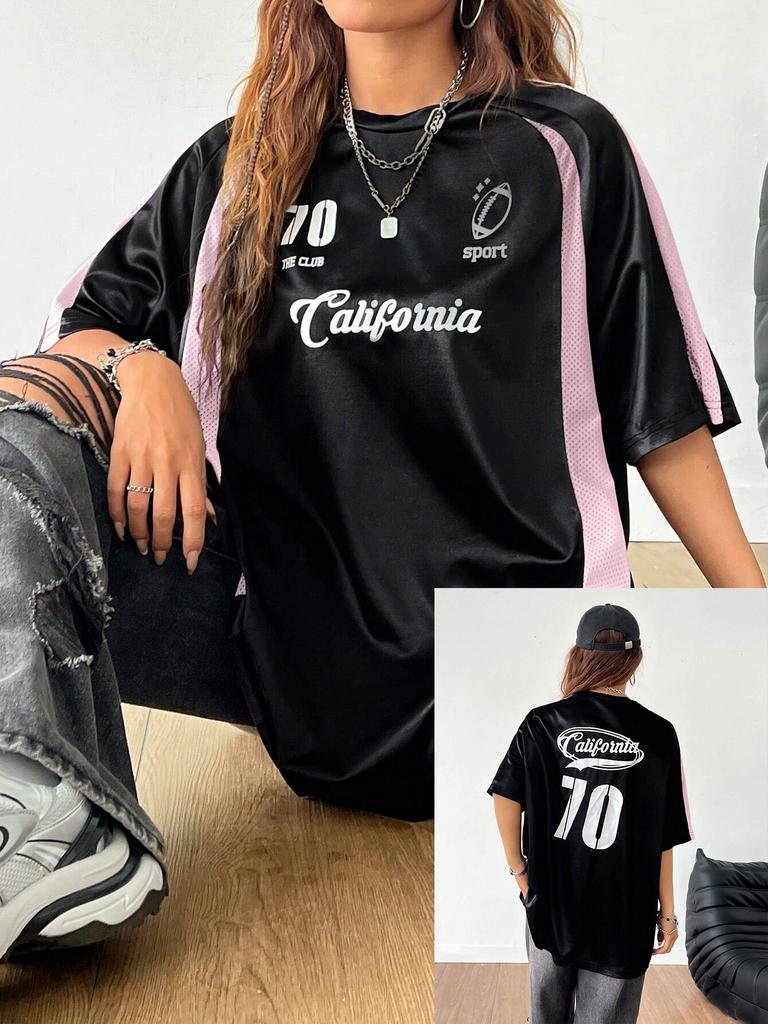 Summer Pink Retro Patchwork Jersey T-shirt, Sports Breathable Short Sleeve Crew Neck Women's T-shirt