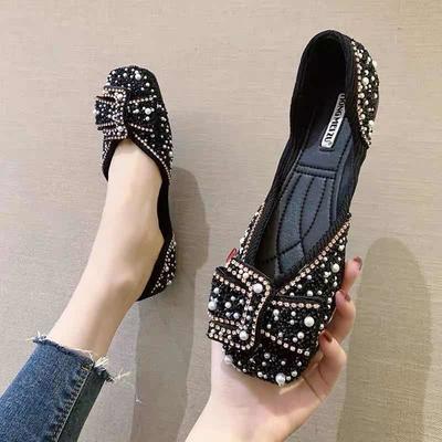 Frühlings- und Sommerschuhe mit Perlen-Strasssteinen, flacher Öffnung und quadratischer Spitze, flache Schuhe und Temperamentschuhe.