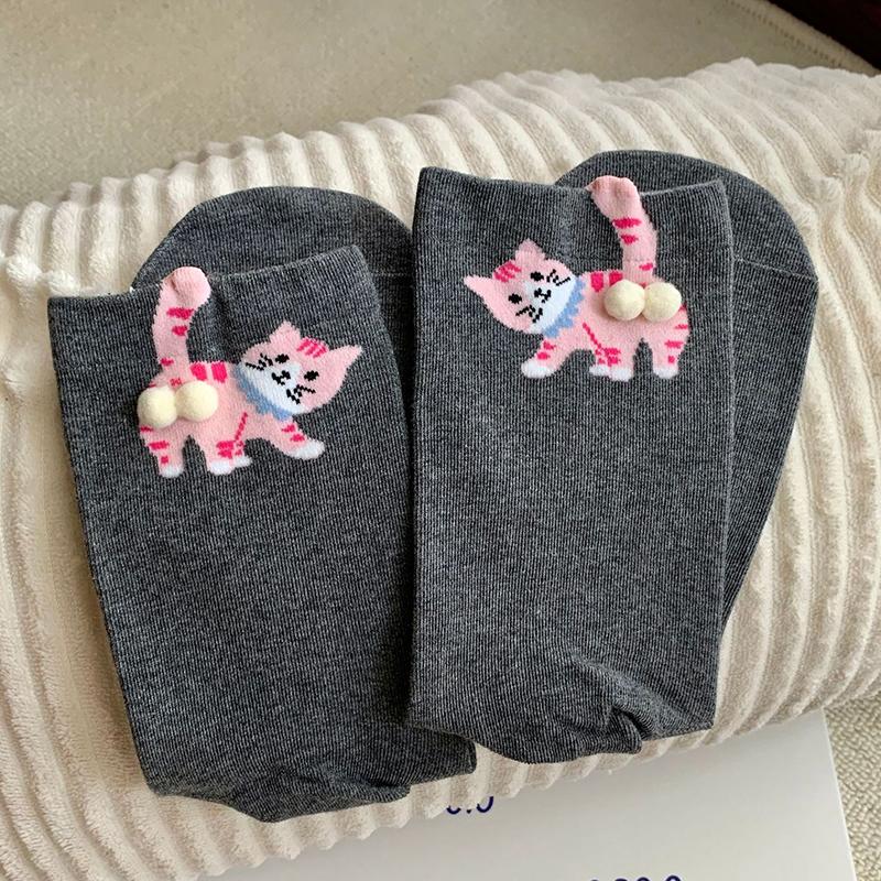 

1pair Cartoon Breathable Print Lightweight Feel Multi-element Comfortable Colorful Warm Daily Cute Egg Cat Socks Skin-Friendly темно-сірий