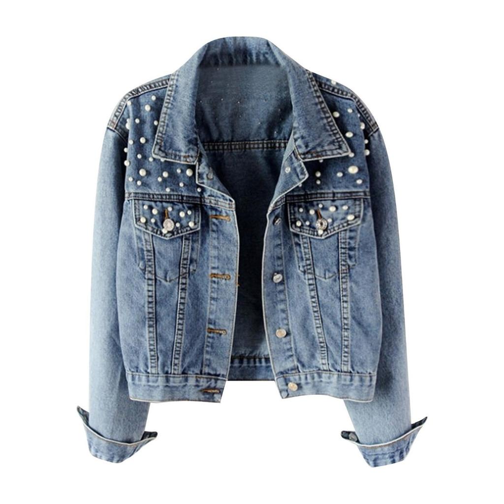 Kurze Jeansjacke für Damen, mit Perlen besetzte Jacke, lockere neue Jeansjacke für Frühling und Herbst